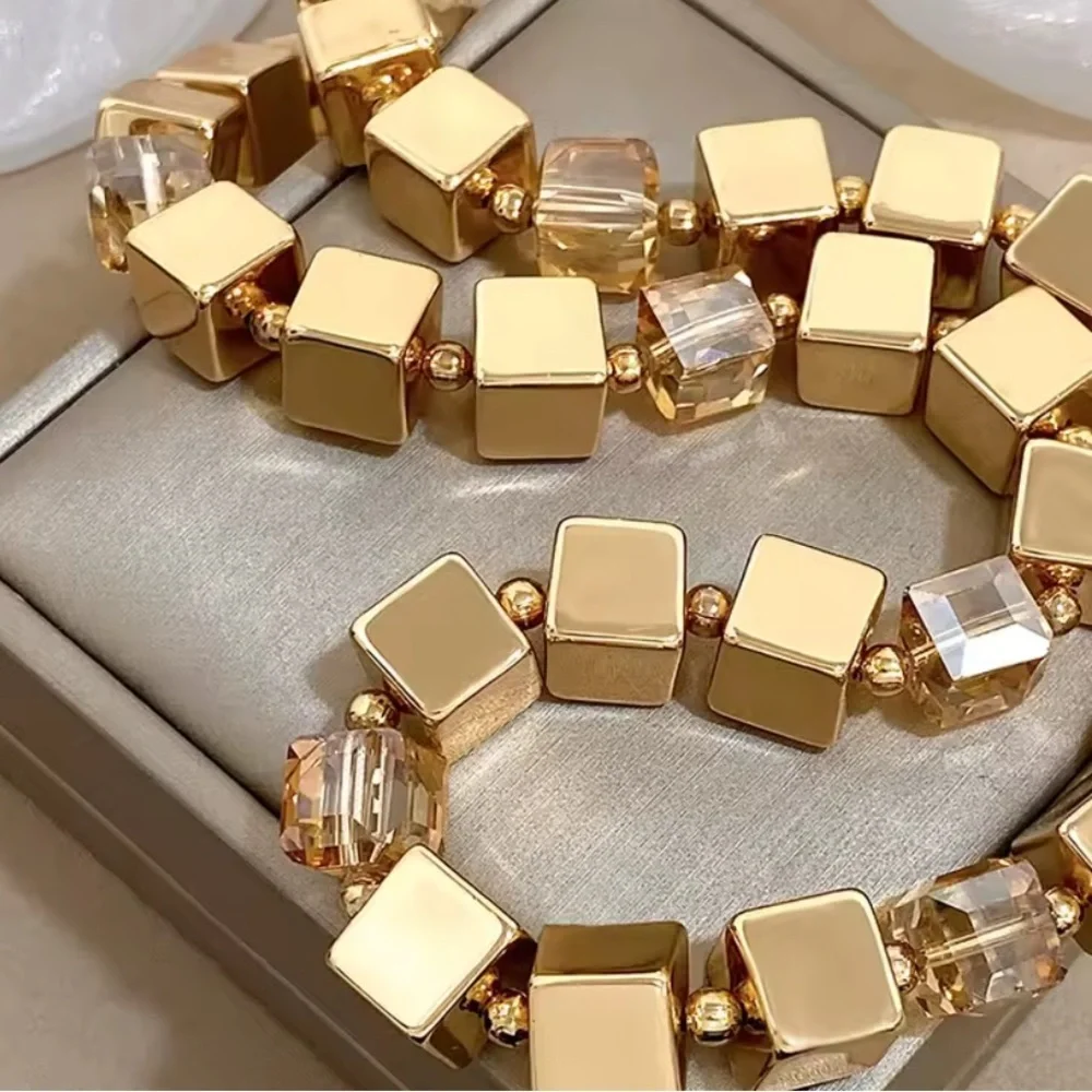Anthropologie Gold Cube Bead Necklace with Faceted Crystal Accents - Picture 6 of 8